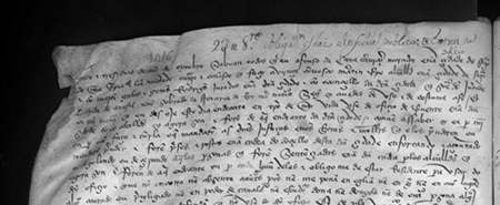 Comienzo del contrato del verdugo Afonso da Cana. A.M. 1 (Libros de Actas del Pleno (1416 / 1422), Arquivo Histórico Universitario, Santiago de Compostela, (AHUS), fol. 5.