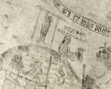 Representación de un ahorcamiento, ábside de la iglesia de Santo Estevo de Chouzán (Carballedo, Galicia), siglo XVI.